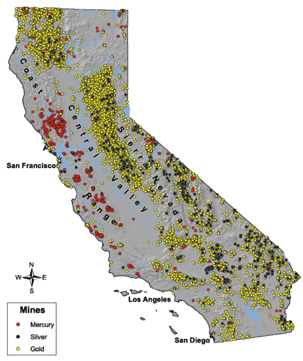 Map of legacy mercury, silver, and gold mines in CA. Source: Wiener and Suchanek (2009). Ecological Applications 18(8) Supplement: A3-A11