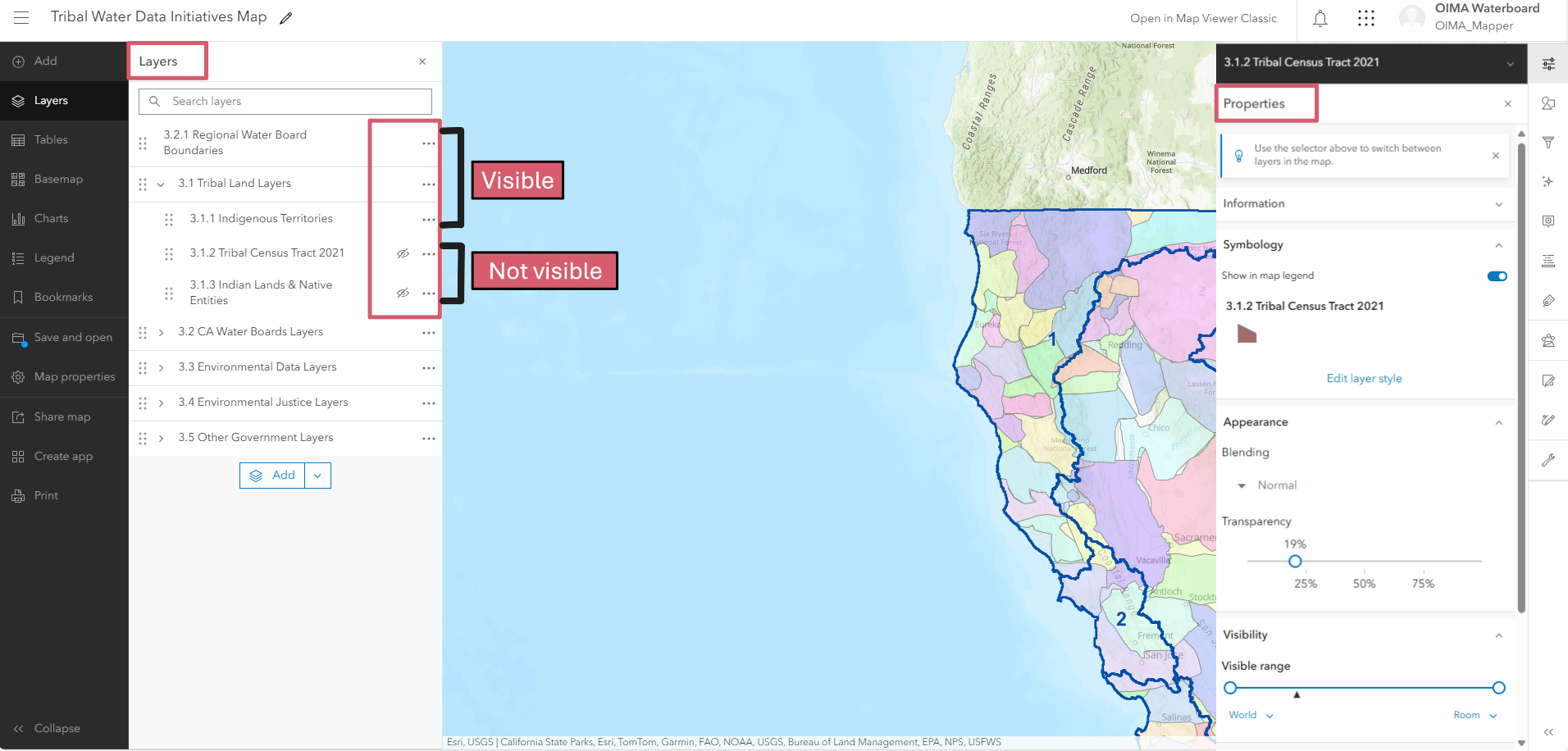 A screenshot of the Map zoomed in with layers for Indigenous Territories and Regional Water Board Boundaries visible. Menu bar is expanded with Layers section selected. Spaces to the right of the layer names are outlined with a pink box. Bracket with label is present next to all Visible layers. Layers that are Not Visible are identified as such and represented by eye icon with a slash through it. Far right side of the picture shows Properties panel expanded as a result of clicking the layer name rather than the eye icon.