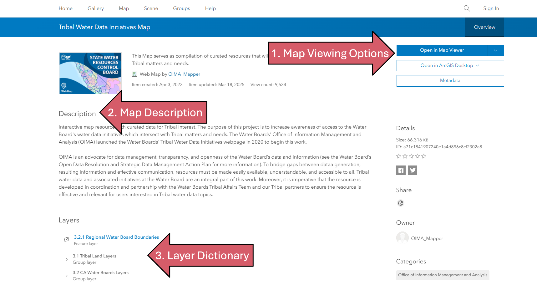 A screenshot of the Tribal Water Data Map home page with arrows pointing to: 1. Map Viewing Options button, 2. Map Description, and 3. Layer Dictionary
